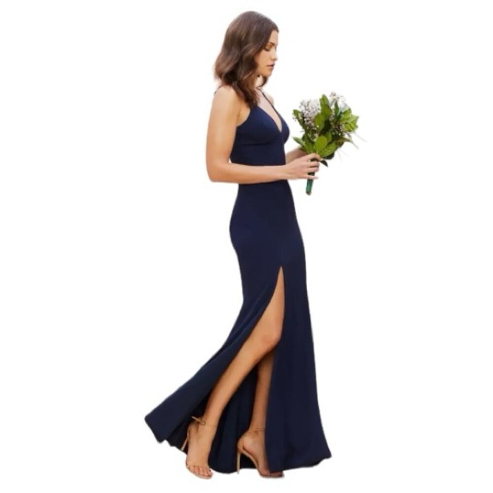 Dress‎ the Population Long Gown with High Leg Slit Navy Blue XL Formal Cocktail